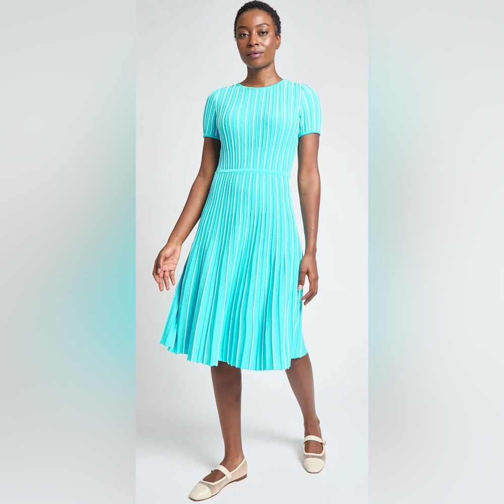 NWT Modern Fit Jewel Neck Striped Flare Soft Knit Dress Calypso Blue/White Sz 1x